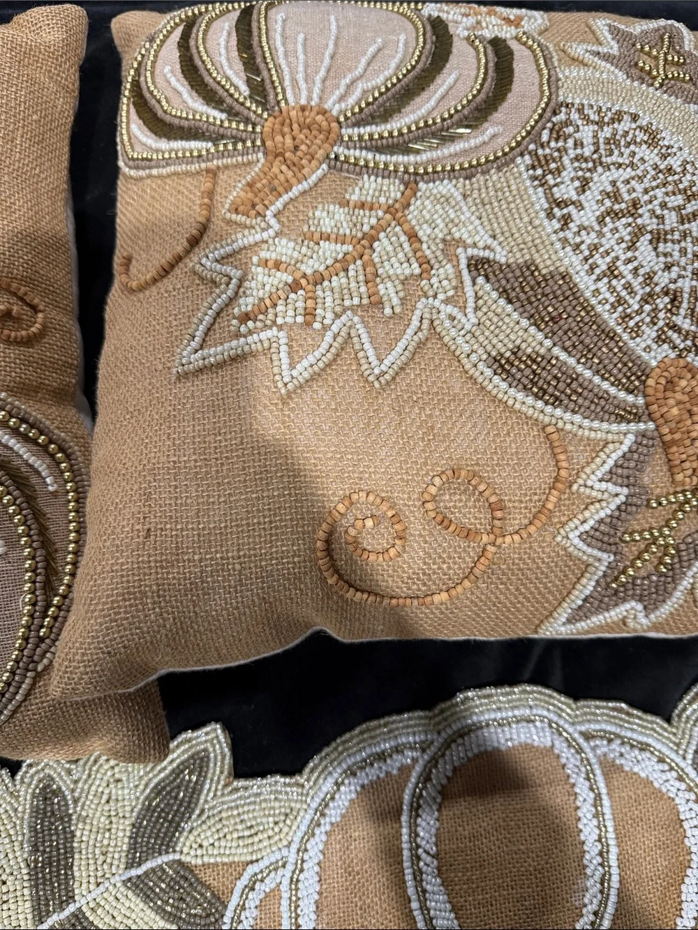 Pier1 Matching Pillows/Kohl’s Brown & Cream Pumpkin Embroidered Table Runner